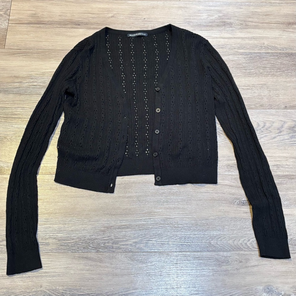 Brandy Melville black v neck pointelle button crop cardigan sweater Sz small - Picture 3 of 10